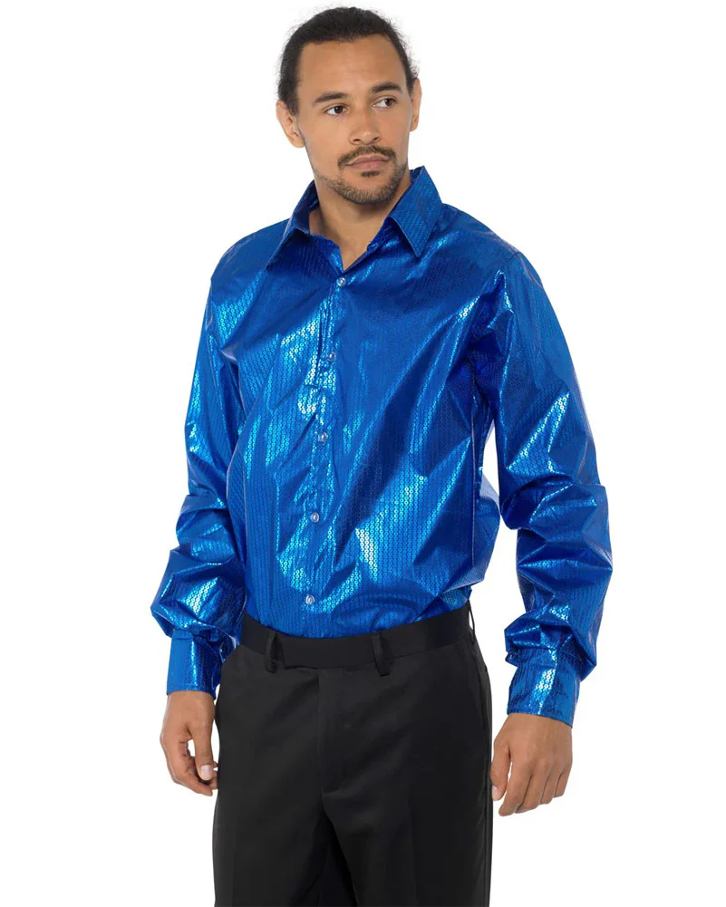 70s Disco Blue Mens Shirt - Image 2
