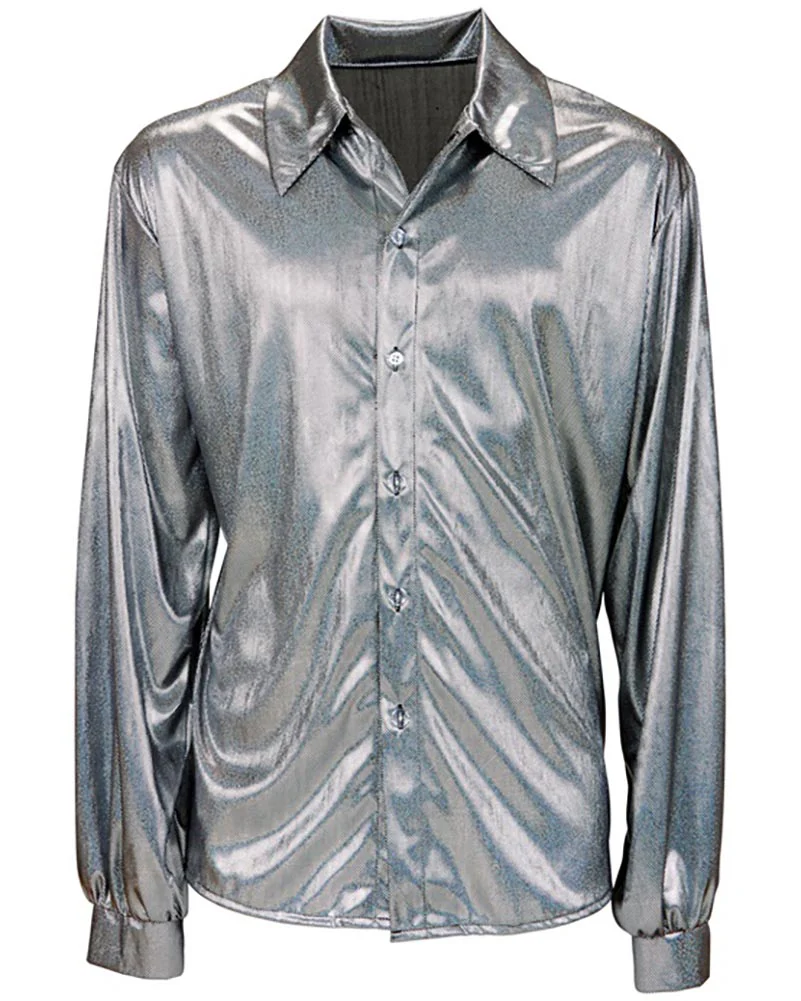70s Disco Silver Mens Shirt - Image 2