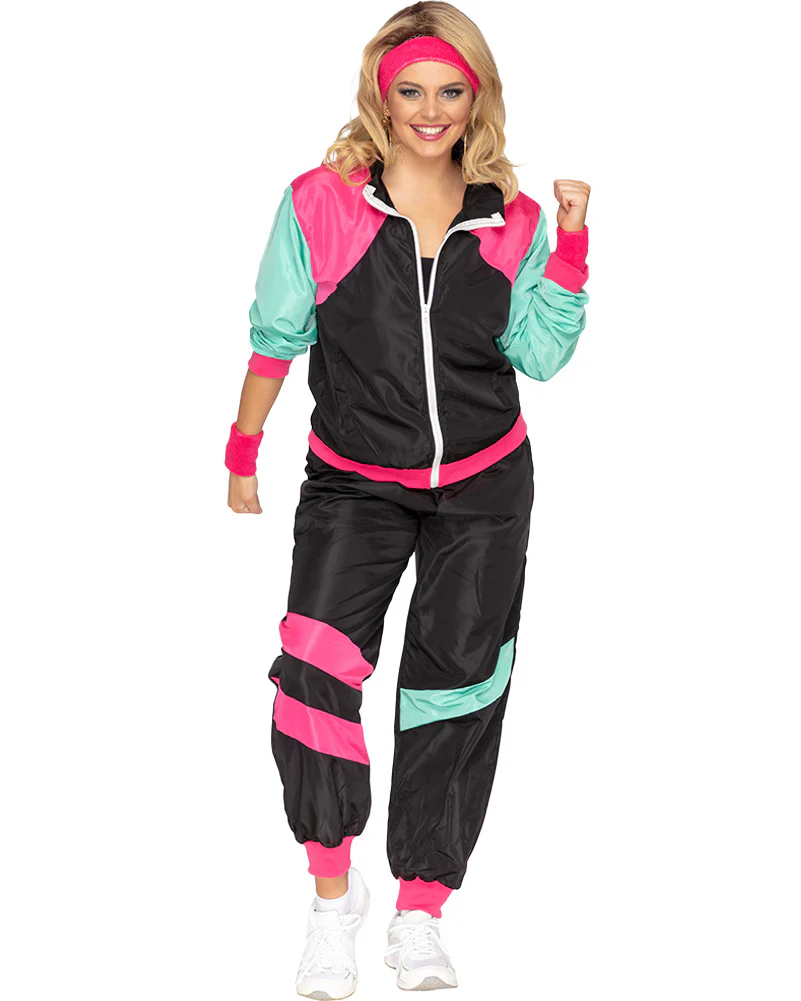 80s Black and Pink Deluxe Tracksuit Adult Plus Size Costume - Image 4