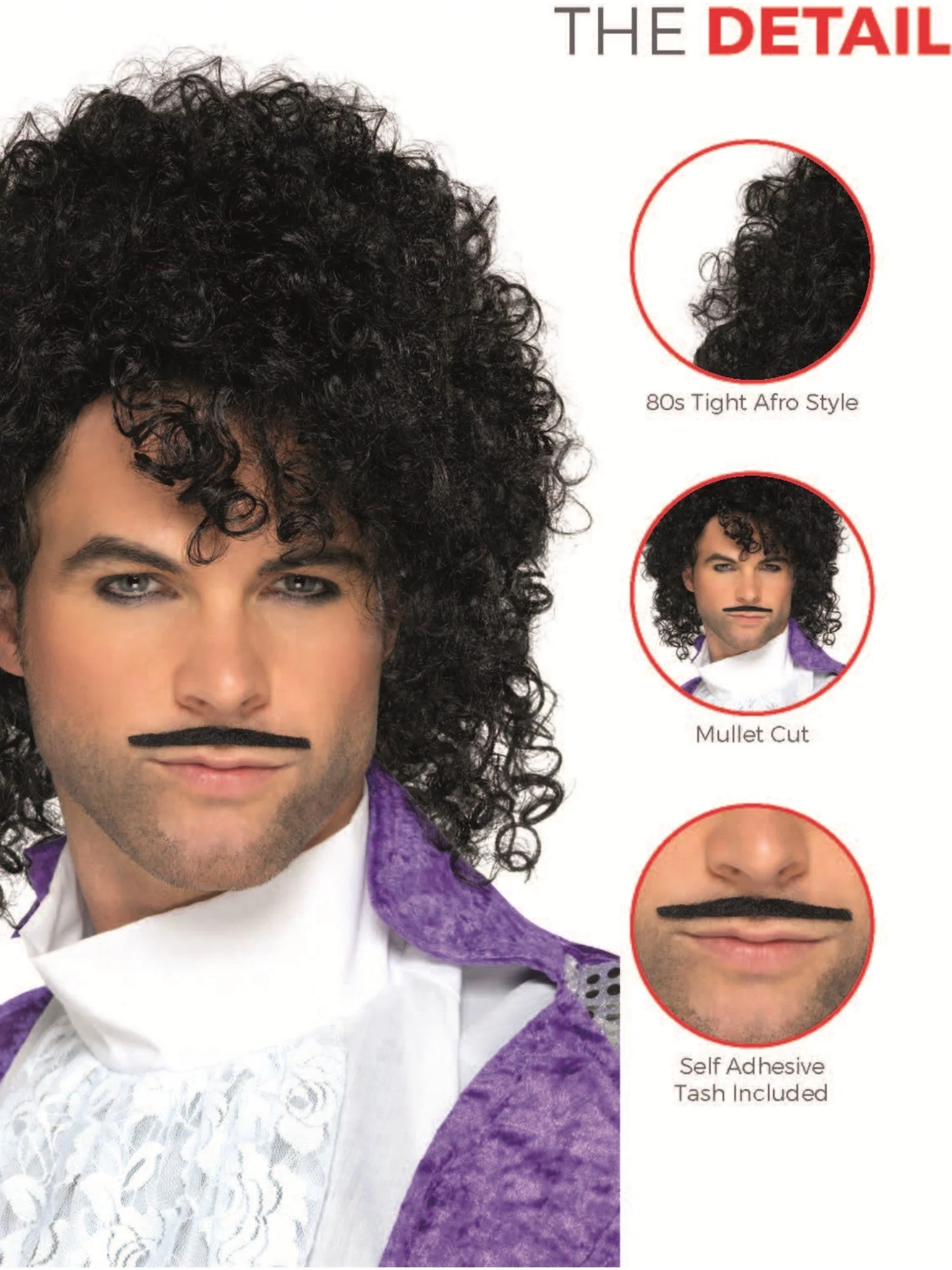 80s Purple Musician Black Wig and Moustache Set - Image 2
