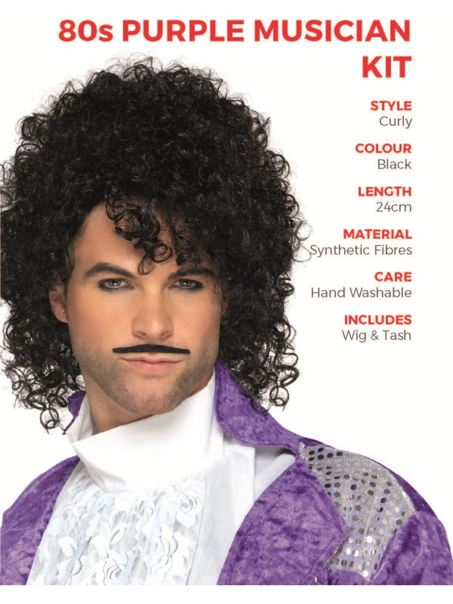 80s Purple Musician Black Wig and Moustache Set - Image 3