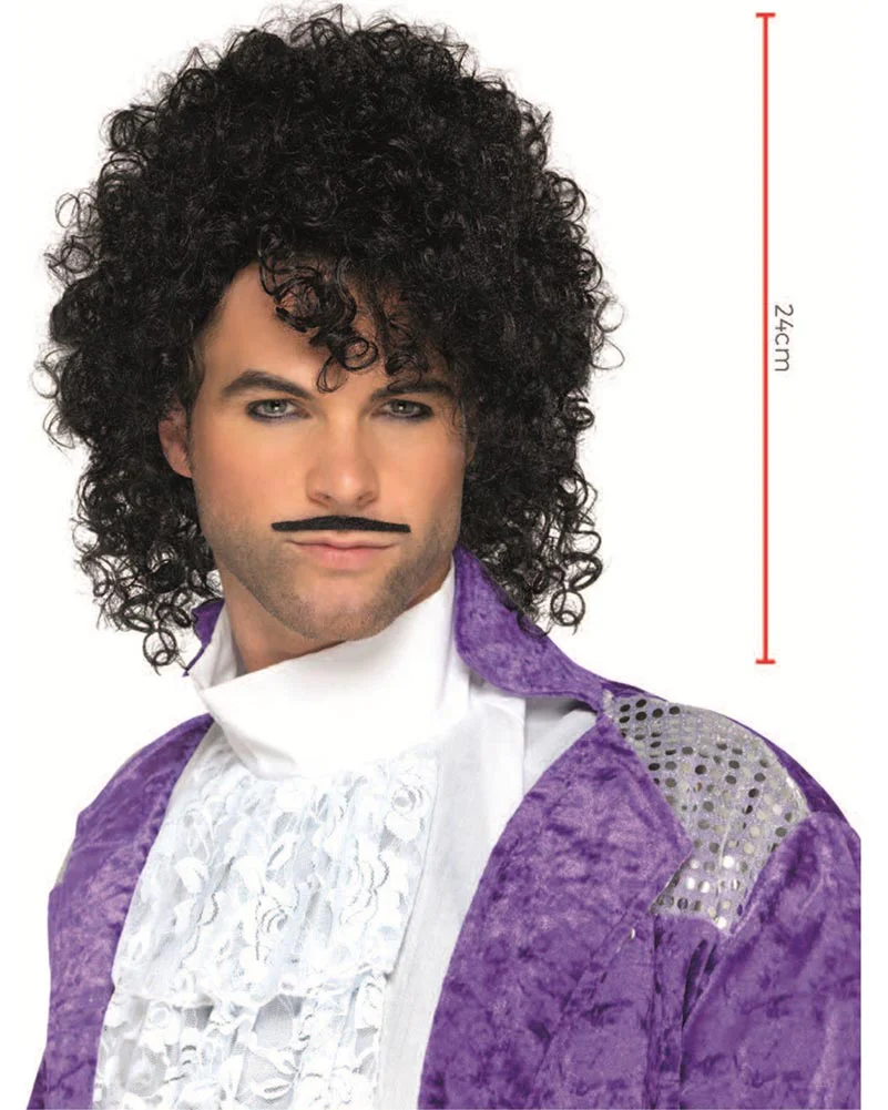 80s Purple Musician Black Wig and Moustache Set - Image 4