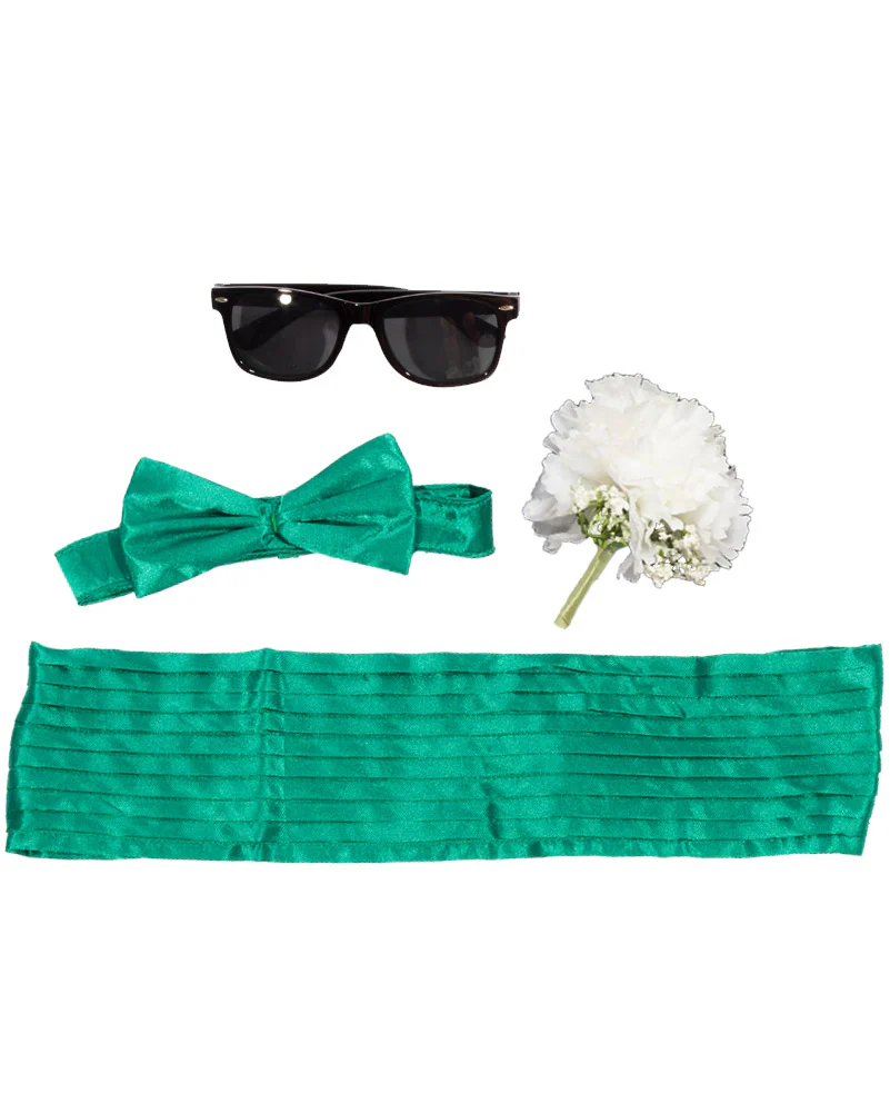 80s School Formal Mens Bow Tie Glasses Flower and Cumberbund Set - Image 2