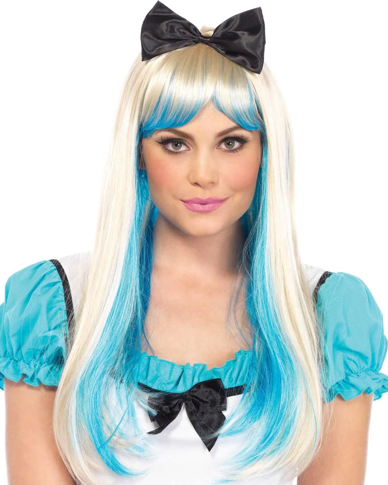 Alice Long Blonde and Blue Wig with Black Bow