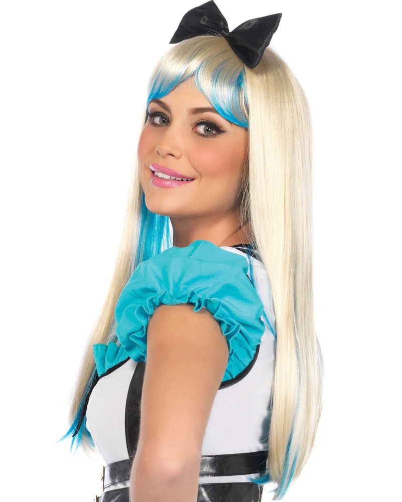Alice Long Blonde and Blue Wig with Black Bow - Image 2