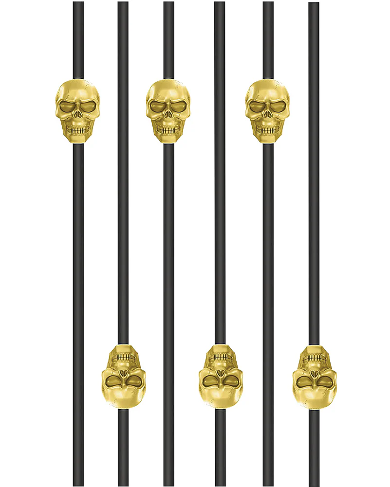 Black and Metallic Gold Skull Straws Pack of 6