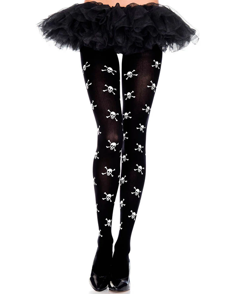 Black and White Opaque Skull Print Pantyhose