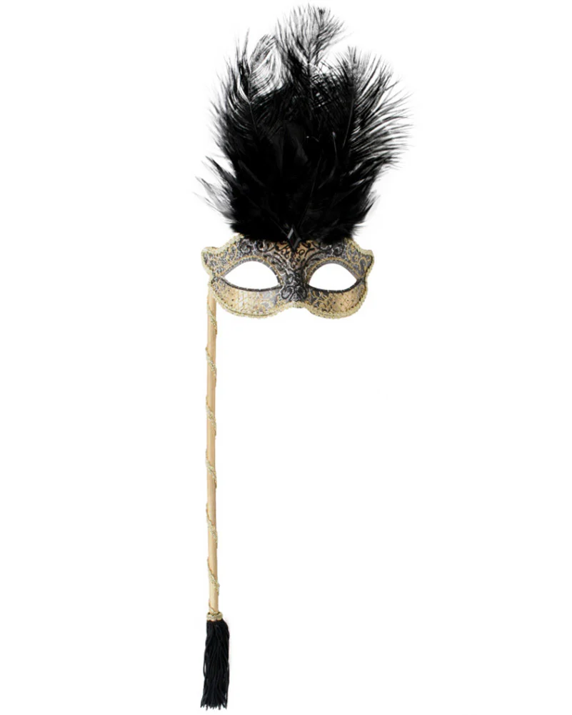 Black Masquerade Mask with Stick and Feathers - Image 2
