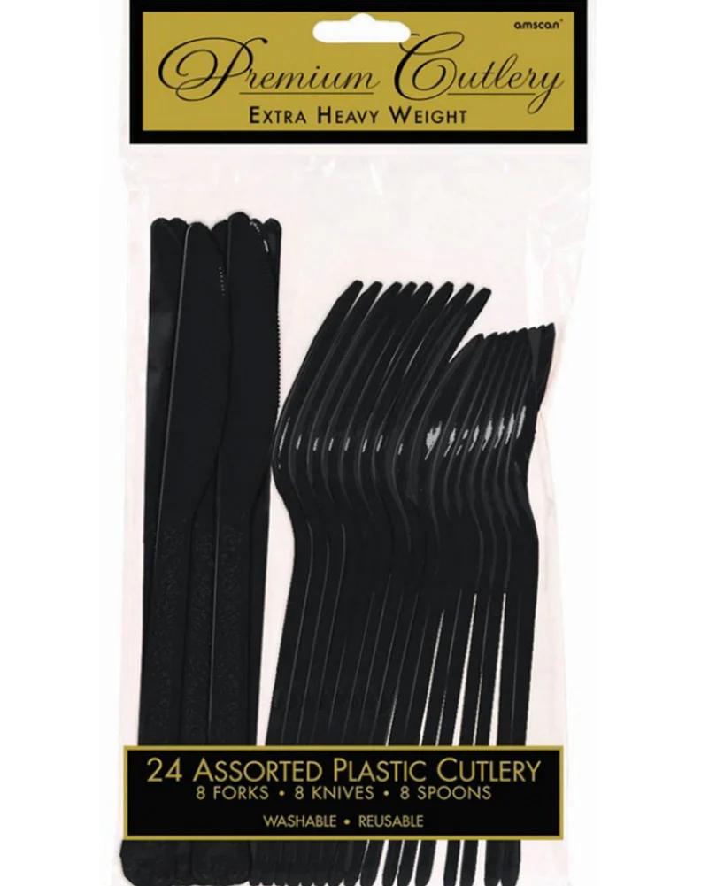 Black Premium Plastic Assorted Cutlery Pack of 24 - Image 2