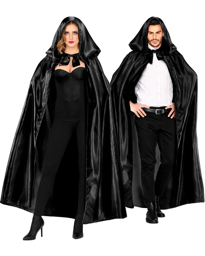 Black Satin Hooded Adult Cape - Image 2
