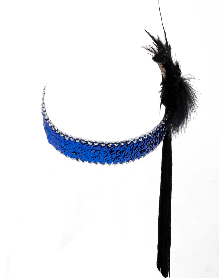 20s Blue Flower and Black Tassle Flapper Headband - Image 3