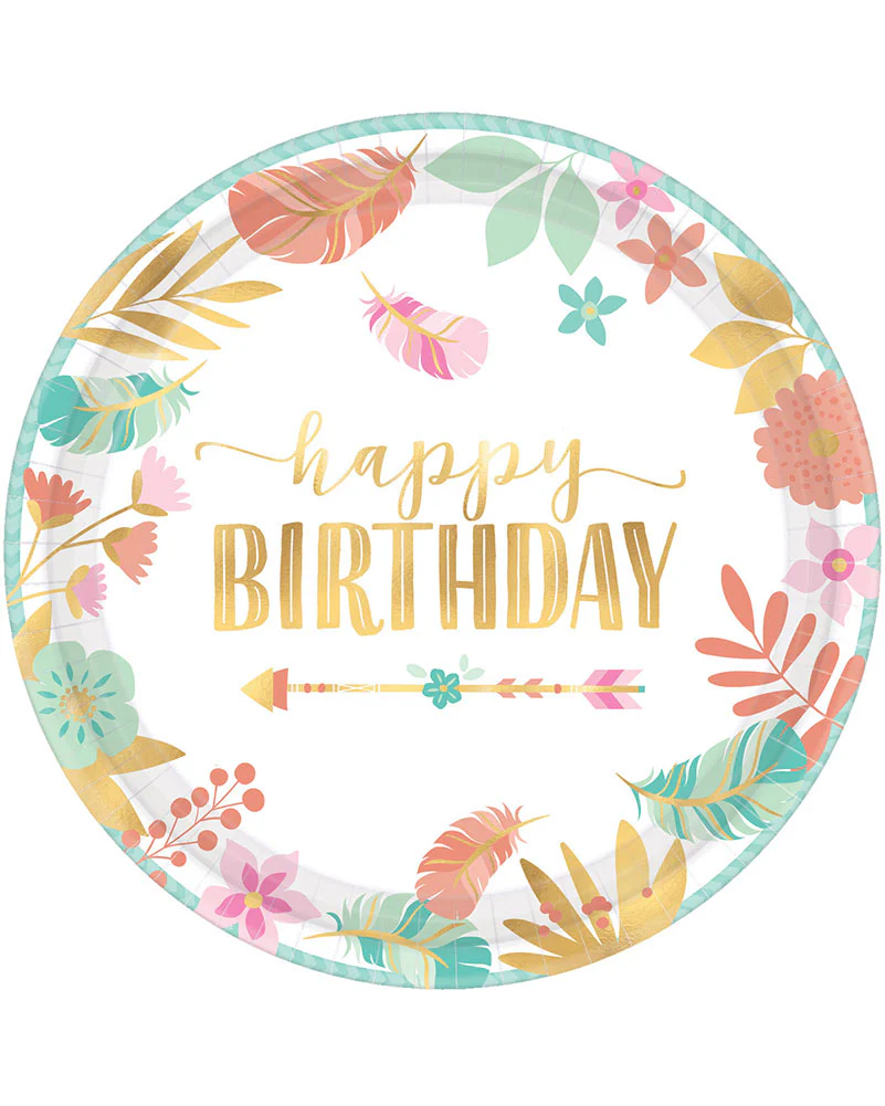 Boho Birthday Girl 26cm Round Metallic Plates Pack of 8