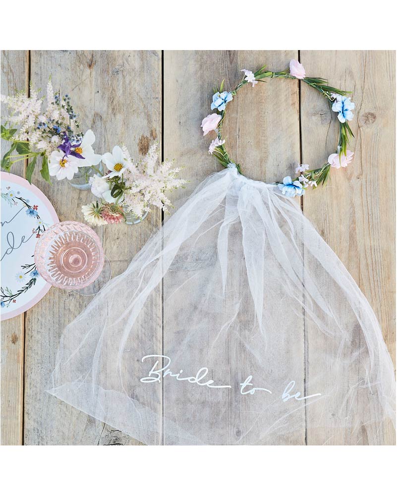 Boho Bride Headband with Embroidered Veil - Image 2