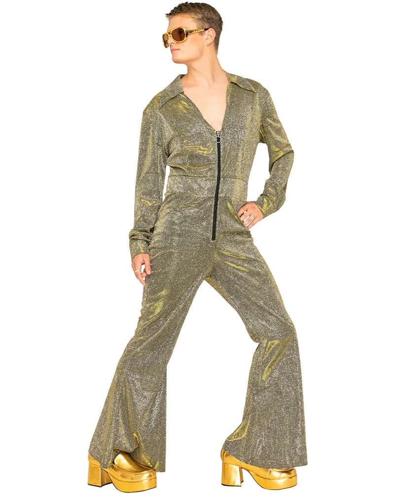 70s Boogie Nights Gold Plus Size Mens Jumpsuit - Image 2