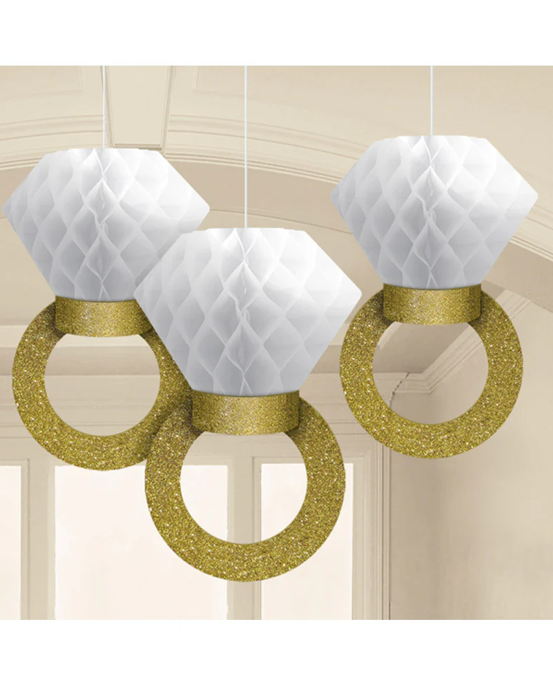 Bridal Tissue and Glitter Paper Honeycomb Ring Hanging Decorations Pack of Three