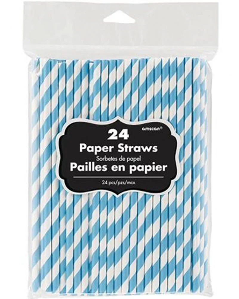 Caribbean Blue Striped Paper Straws Pack of 24 - Image 2
