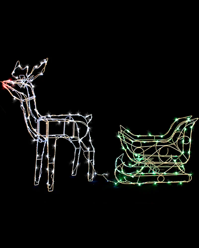 Christmas White Red and Green Reindeer Sleigh Solar Light 1.4m - Image 2