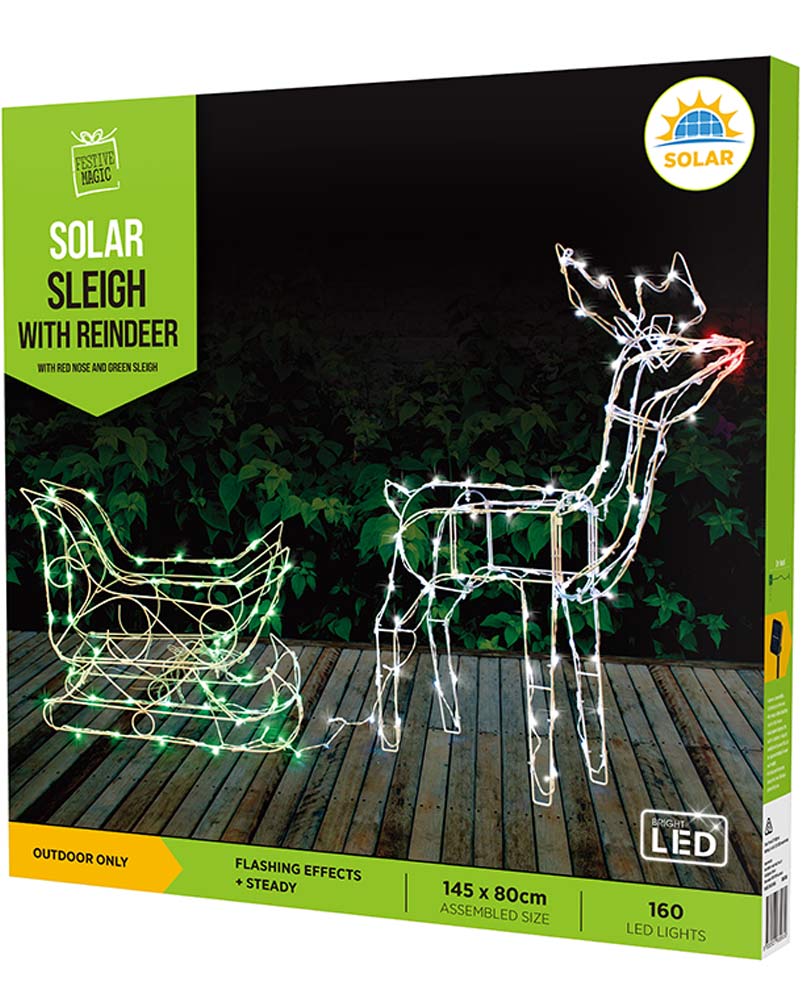 Christmas White Red and Green Reindeer Sleigh Solar Light 1.4m - Image 3