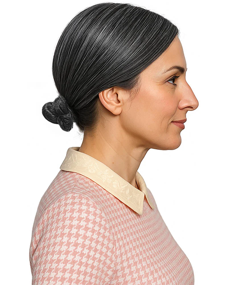 Classic Granny Old Nana Deluxe Grey Bun Wig - Image 2