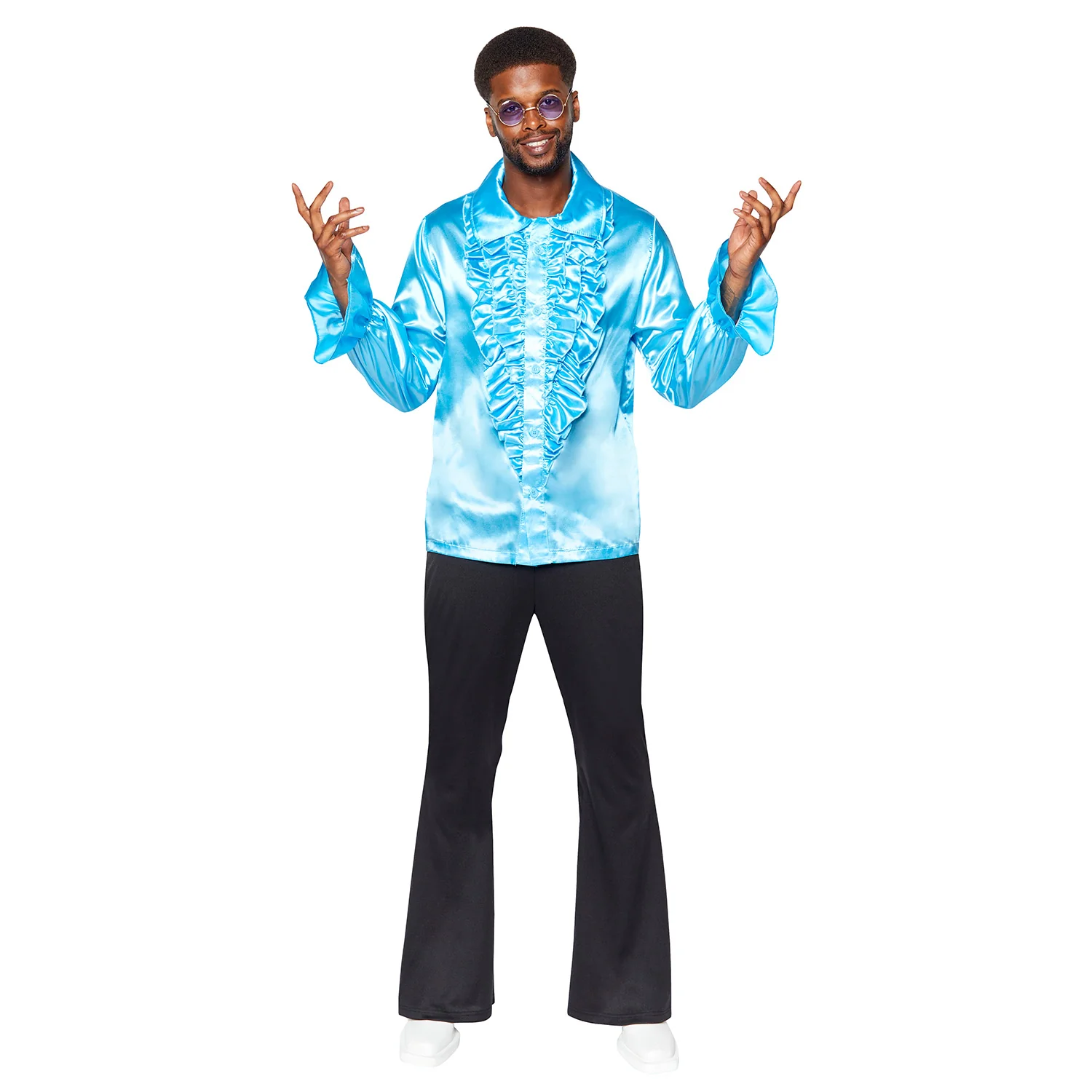 Satin Ruffle Blue Mens Shirt Size Large