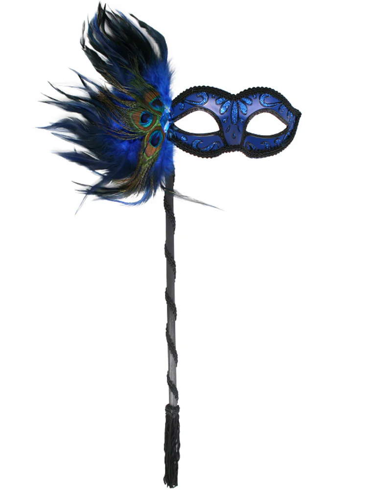 Dark Blue Masquerade Mask with Peacock Feathers on Stick - Image 2
