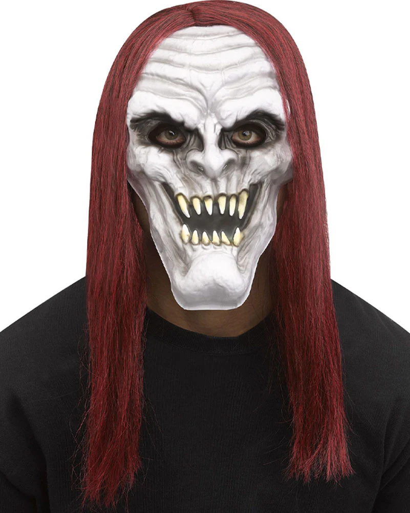 Demon Vampire Mask Grey with Red Hair