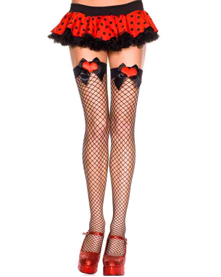 Diamond Net Thigh High Stockings with Heart Bows