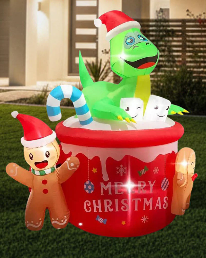 Dinosaur Gingerbread Man Cocoa Mug Christmas Lawn Inflatable 1.8m