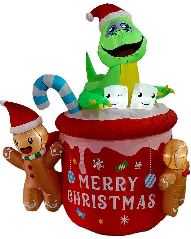 Dinosaur Gingerbread Man Cocoa Mug Christmas Lawn Inflatable 1.8m - Image 3