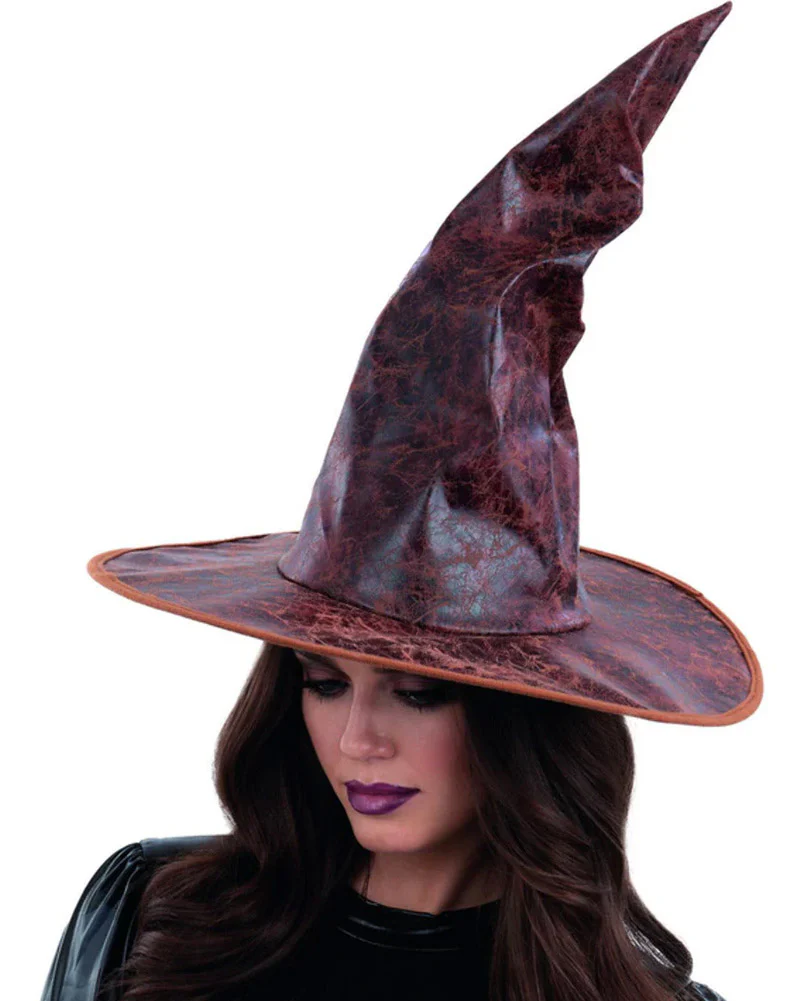 Distressed Brown Mock Leather Wizard Hat - Image 2