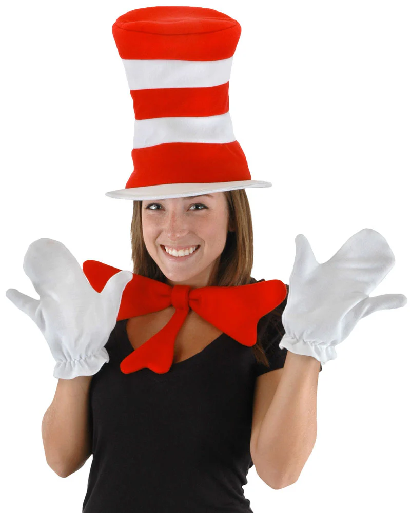 Dr Seuss Cat in the Hat Bowtie Gloves and Hat Adult Book Week Accessory Set