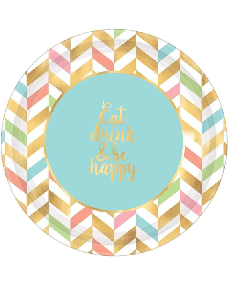 Eat Drink and Be Happy 26cm Round Metallic Plate Pack of 8