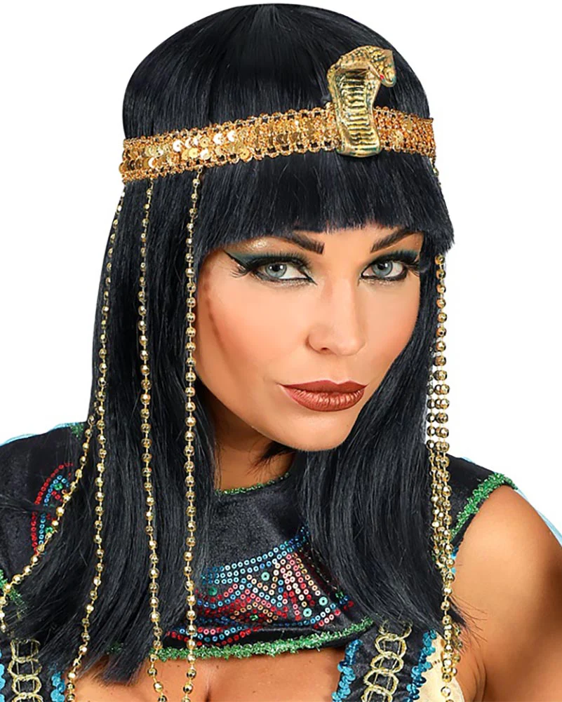 Egyptian Empress Black Wig with Beaded Snake Headband