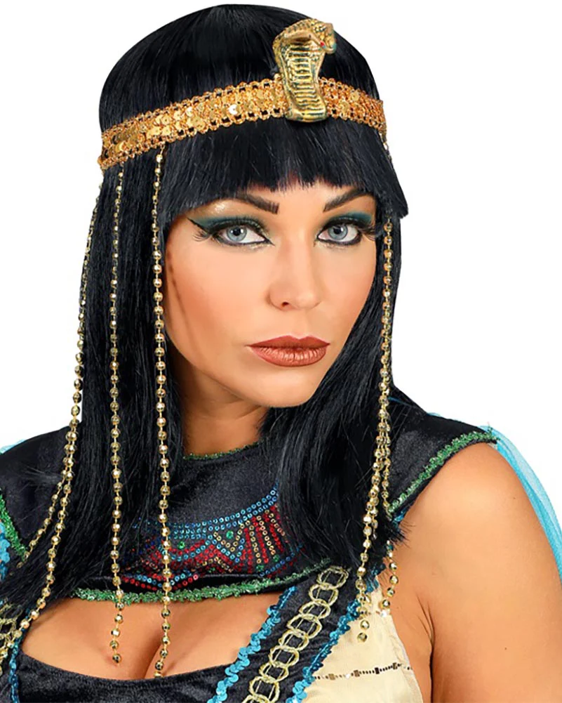 Egyptian Empress Black Wig with Beaded Snake Headband - Image 2