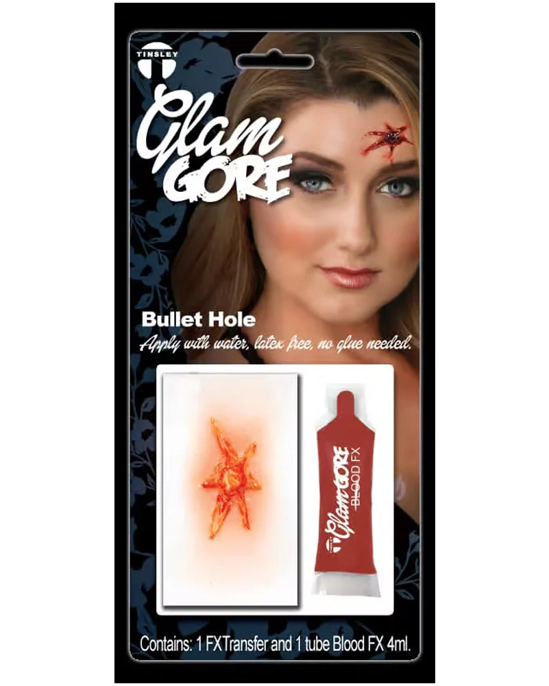 Glam Gore Bullet Hole with Blood FX Appliance Transfer Prosthetic Wound