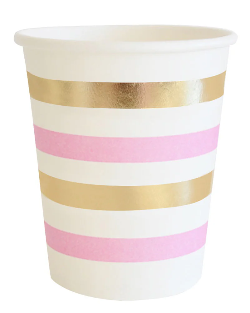 Gold and Pink Stripe 300ml Paper Cups Pack of 10 - Image 2