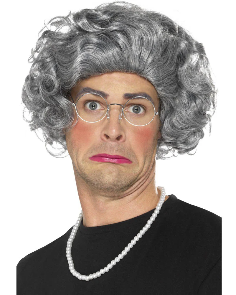 Granny Short Curly Grey Wig Necklace and Glasses Kit - Image 2