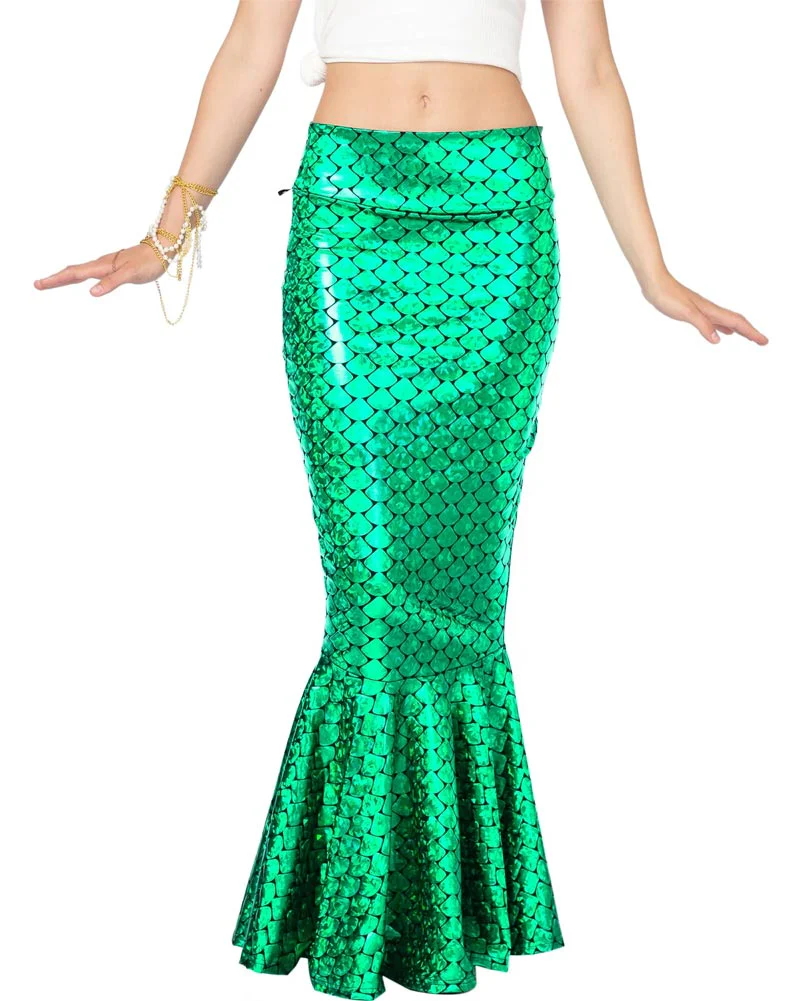 Green Metallic Hologram Shiny Mermaid Womens Skirt - Image 2