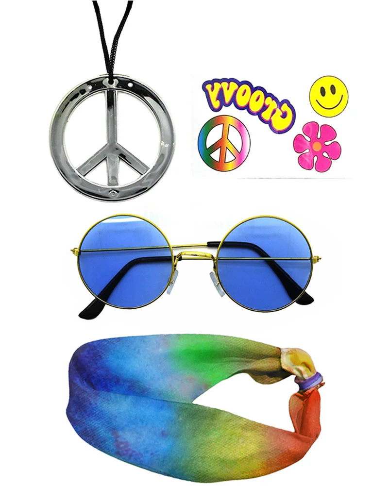 60s Hippie Decades Headband Glasses Tattoos and Necklace Set - Image 2