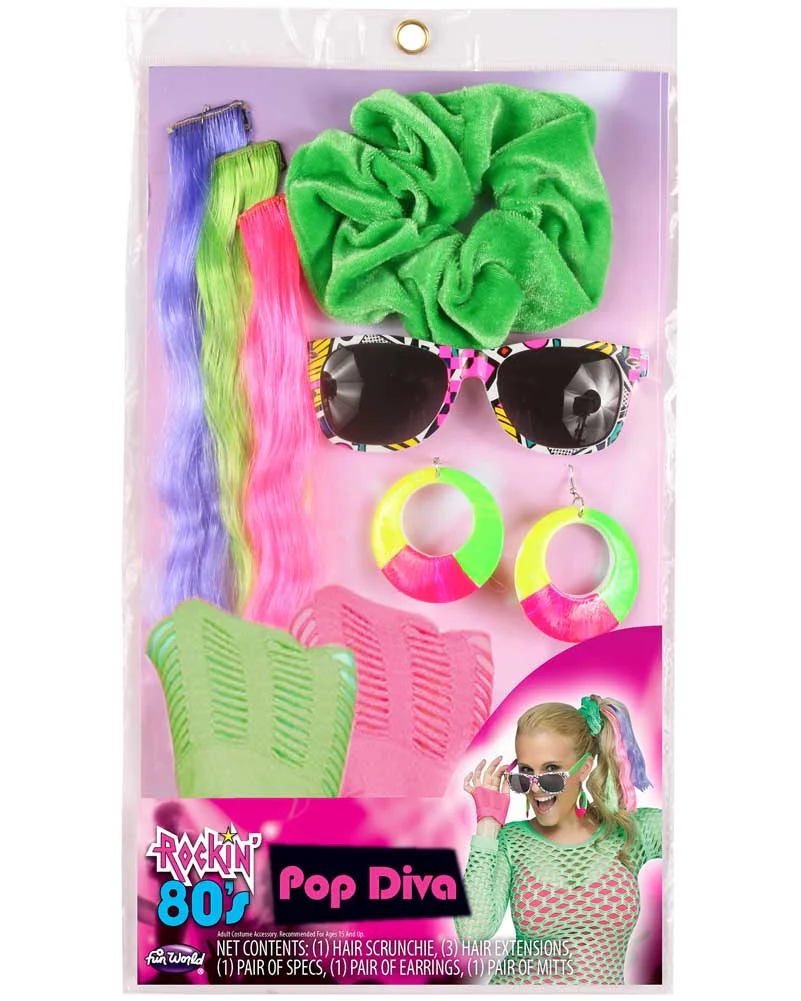 Instant Era 80s Pop Star Sunglasses Earrings Glovelets and Hair Accessories Kit - Image 2