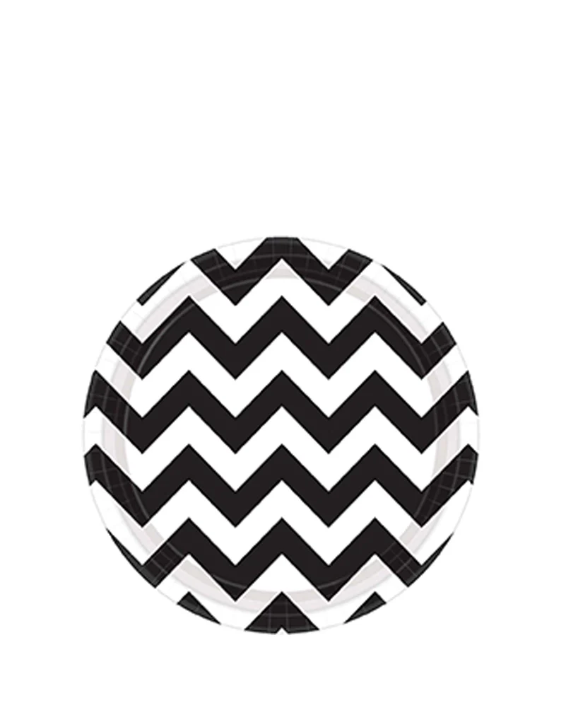 Jet Black Chevron 17cm Round Paper Plates Pack of 8