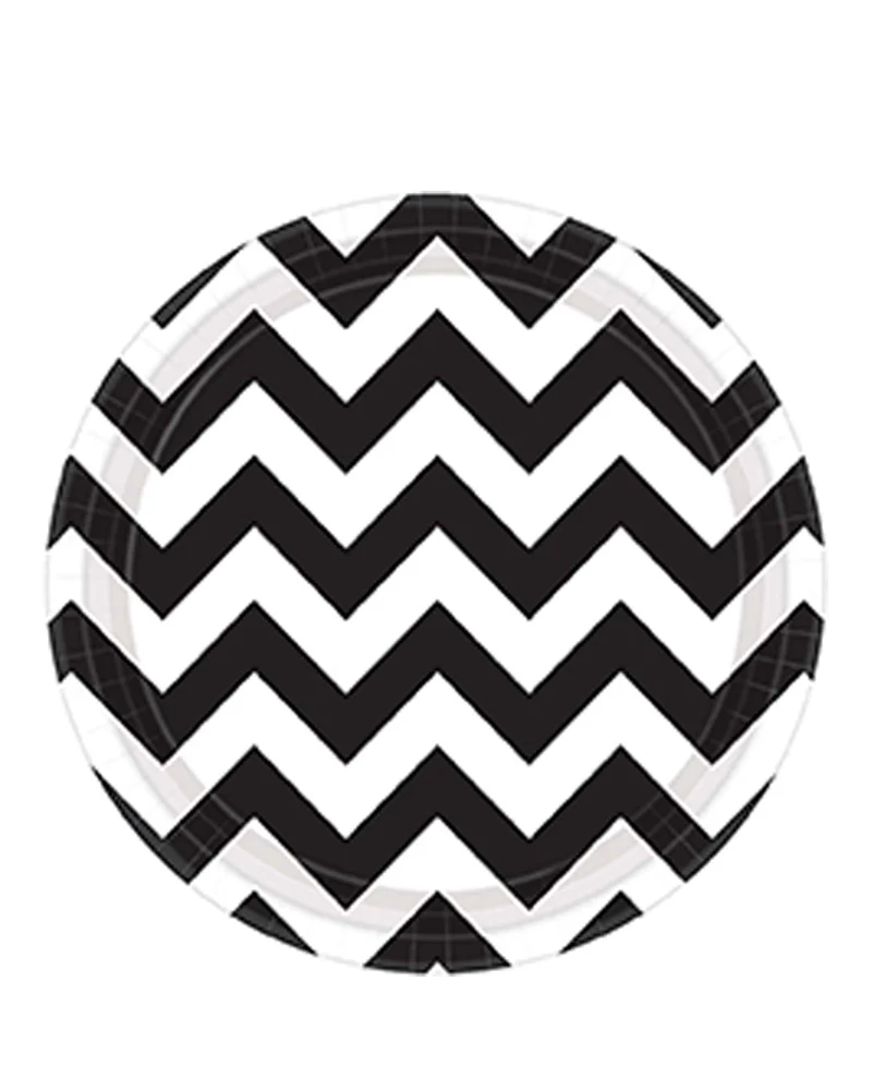 Jet Black Chevron 23cm Round Paper Plate Pack of 8