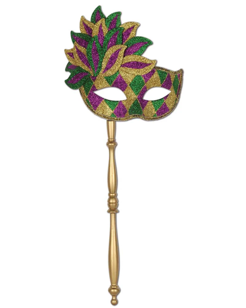 Mardi Gras Leaves Glittered Masquerade Mask with Attached Stick