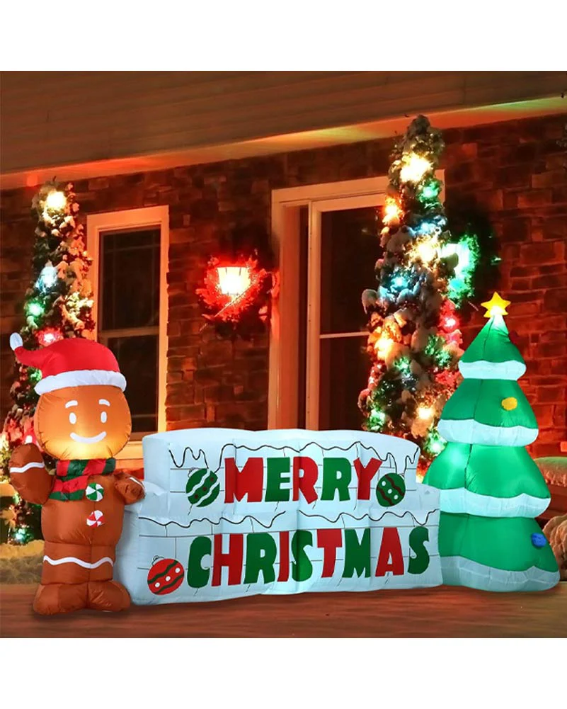Merry Christmas Sign with Tree and Gingerbread Man Lawn Inflatable 3m