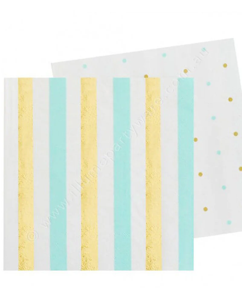 Mint Gold Stripes and Dots Lunch Napkins Pack of 20 - Image 2