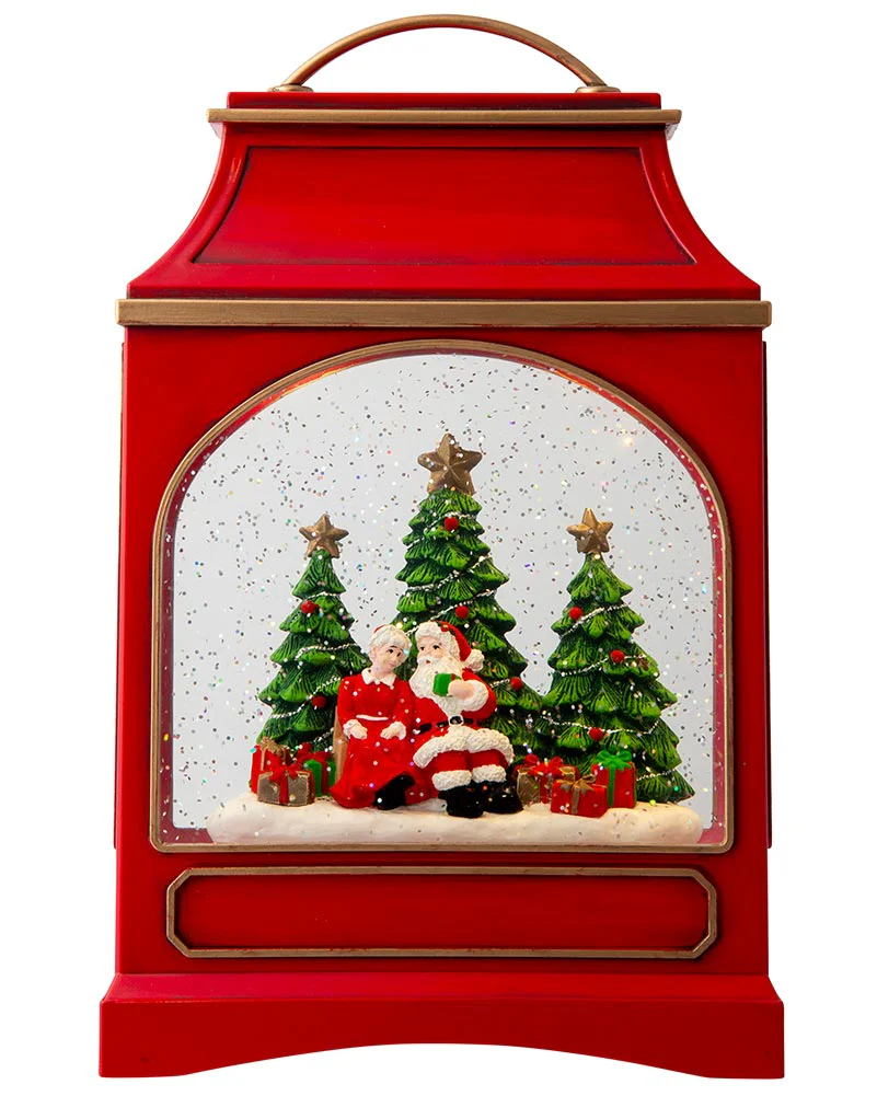 Mr And Mrs Claus Large Lantern Glitter Swirl Christmas Decoration 29cm