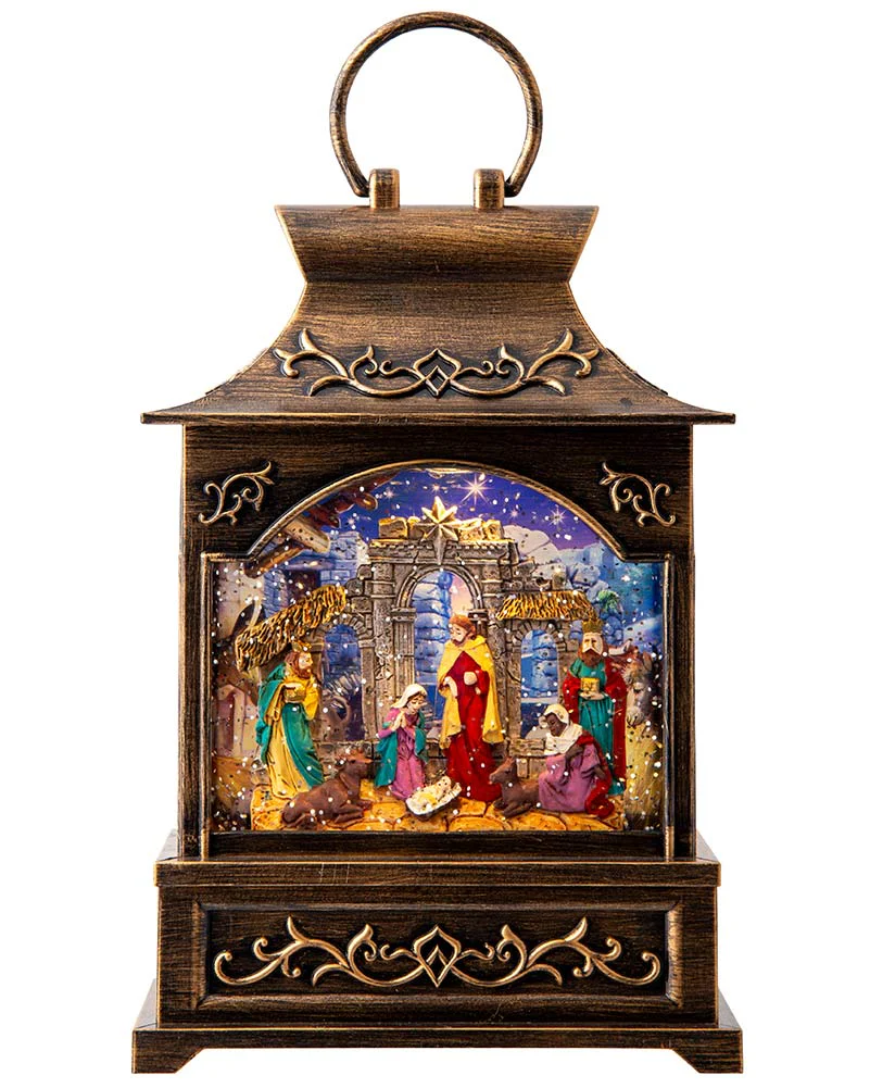 Musical Nativity Scene Lantern Glitter Swirl Christmas Decoration 27cm
