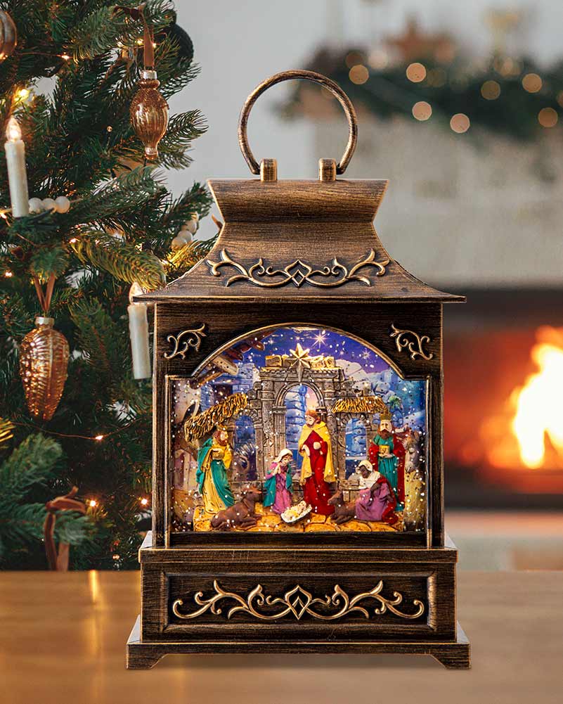 Musical Nativity Scene Lantern Glitter Swirl Christmas Decoration 27cm - Image 3
