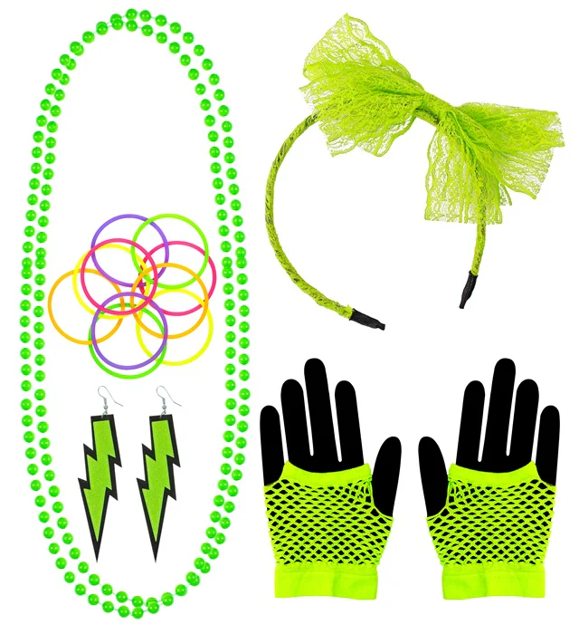 Neon Green 80s Headband Necklace Earrings Gloves and Bracelets Set - Image 2