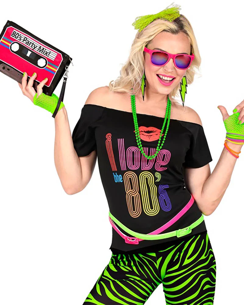 Neon Green 80s Headband Necklace Earrings Gloves and Bracelets Set - Image 4